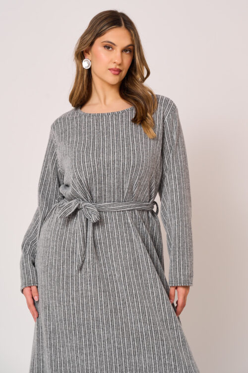 Πλεκτό Maxi Φόρεμα με Ζωνάκι Alice Γκρι ανοιχτό