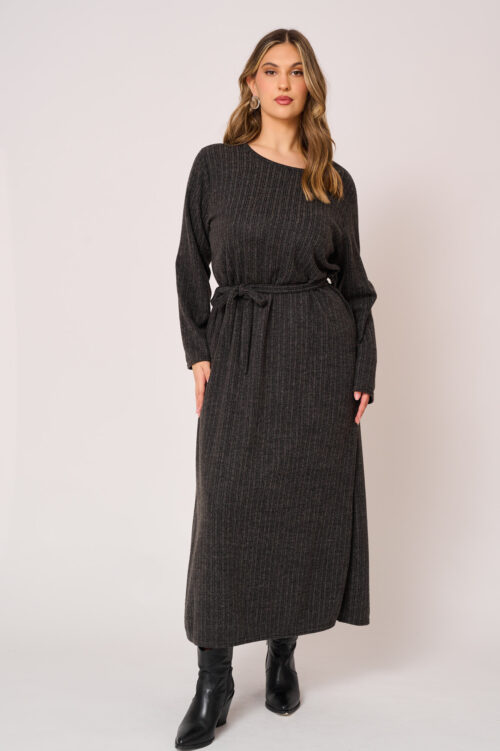 Πλεκτό Maxi Φόρεμα με Ζωνάκι Alice Γκρι σκούρο