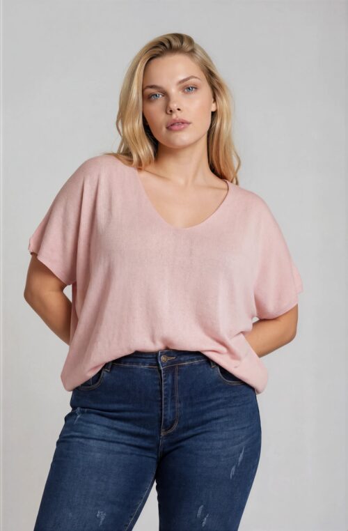 Μπλούζα Ελαστική Πλεκτή με V Curpo Ροζ