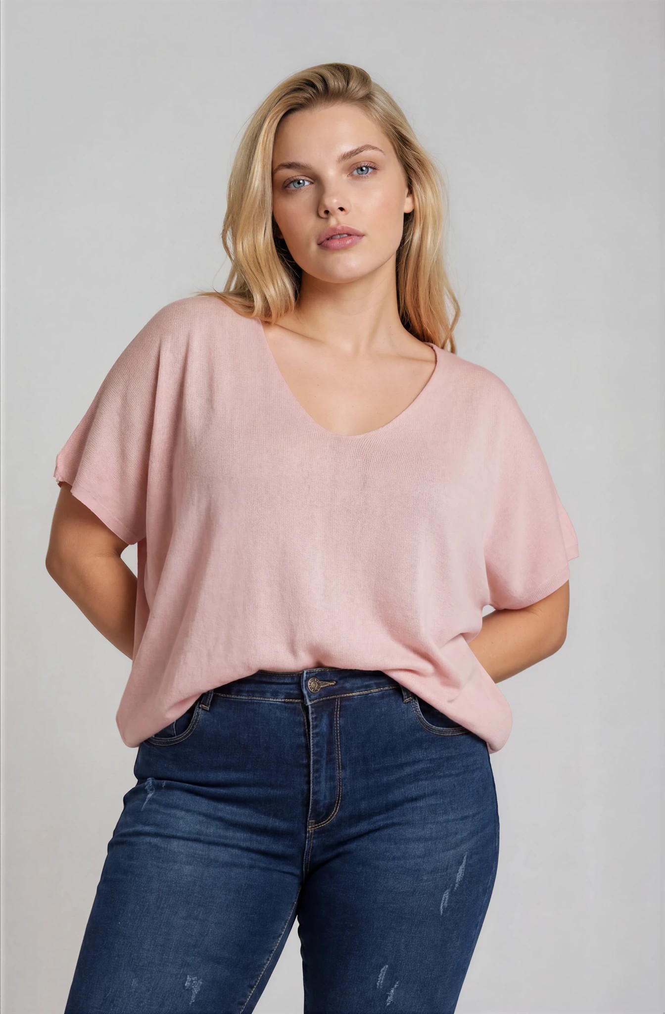 Μπλούζα Ελαστική Πλεκτή με V Curpo Ροζ