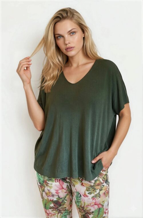 Μπλούζα Ελαστική Πλεκτή με V Curpo Χακί