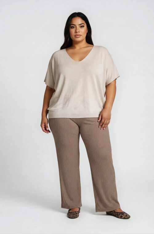 Μπλούζα Ελαστική Πλεκτή με V Curpo Μπεζ