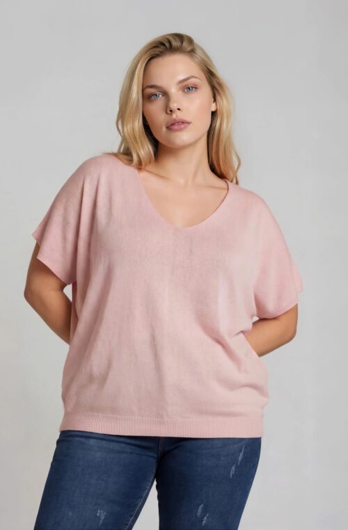Μπλούζα Ελαστική Πλεκτή με V Curpo Ροζ