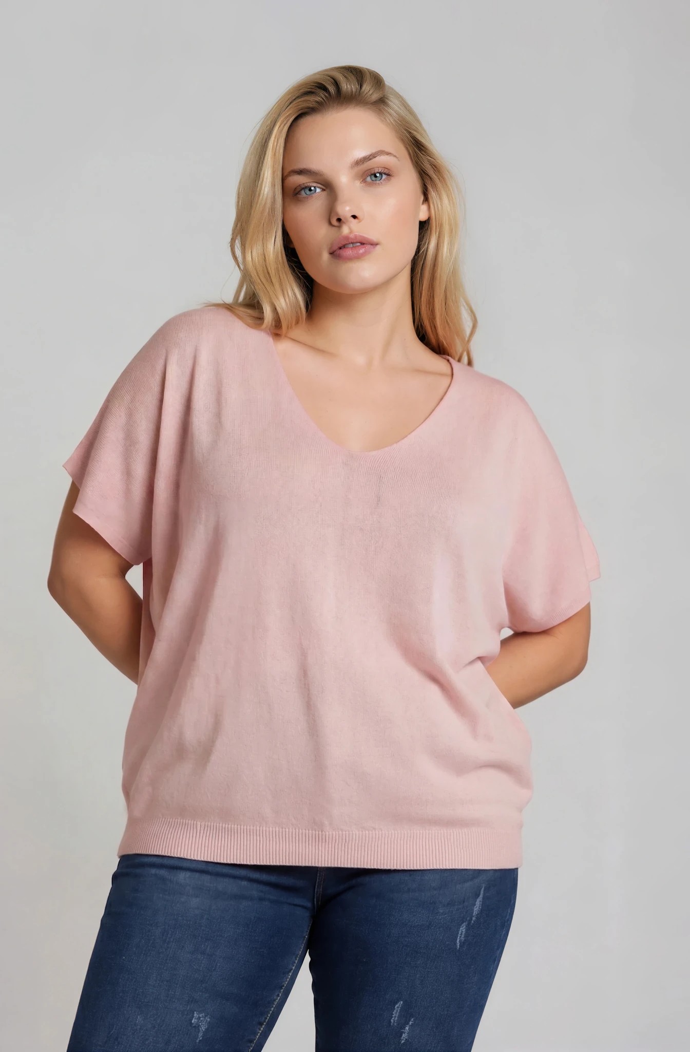 Μπλούζα Ελαστική Πλεκτή με V Curpo Ροζ