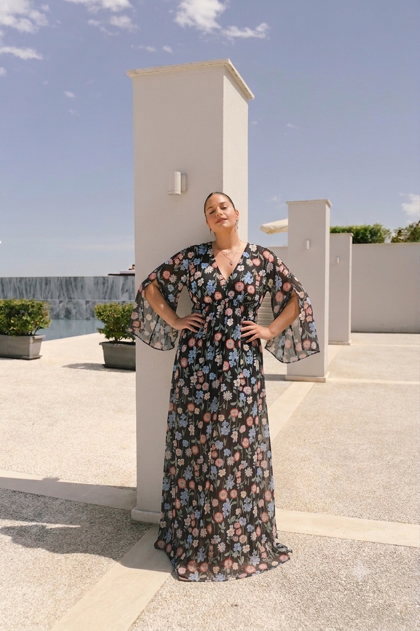 Maxi Φόρεμα Μουσελίνα Muse Floral Μάυρο