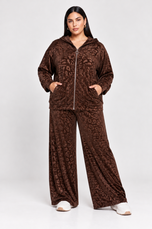 Βελούδινο Σετ Φόρμας με Animal Print Cher Καφέ
